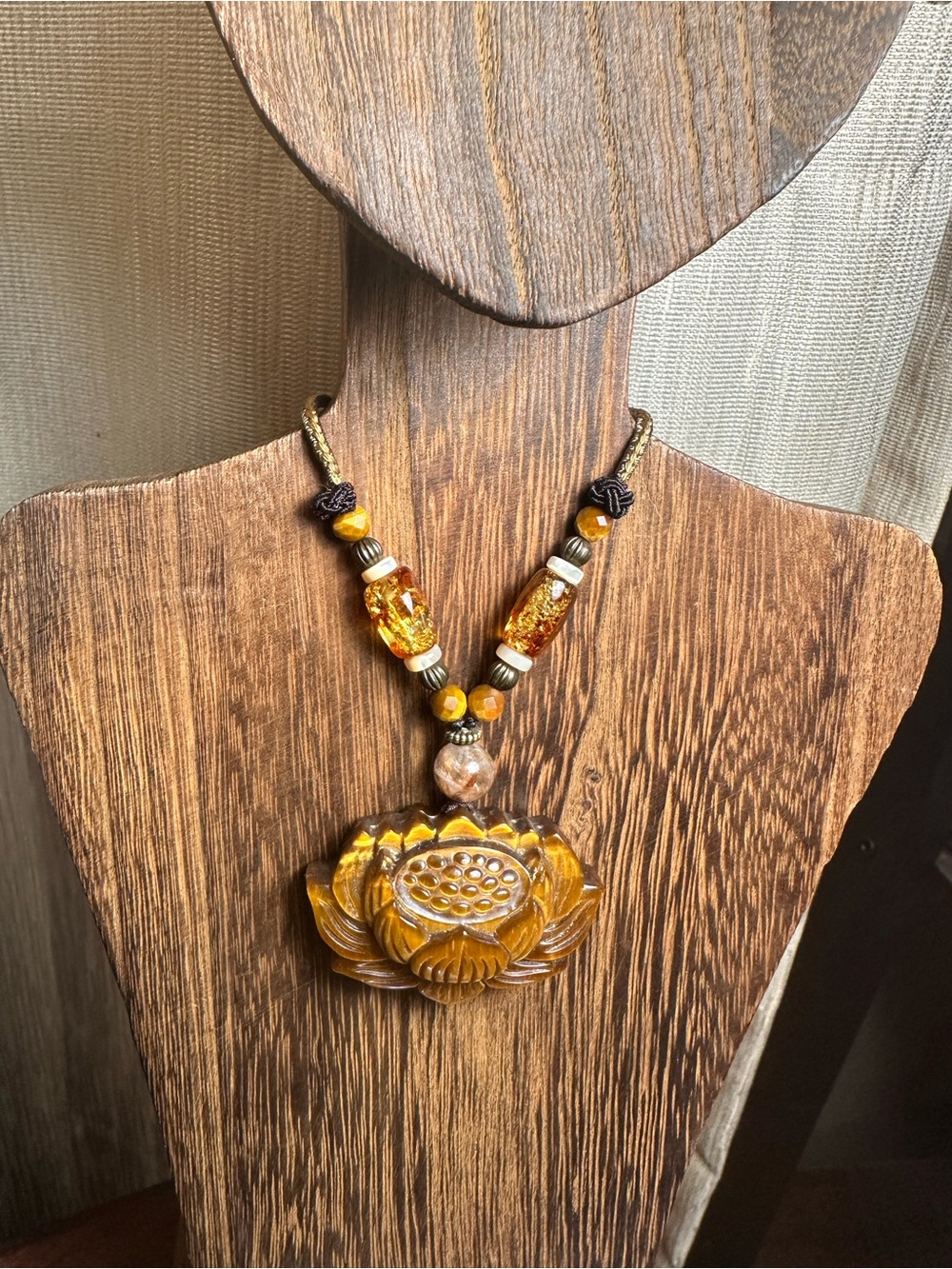 Tiger’s Eye Lotus Pendant Necklace with Golden Rutile and Amber on Rope - Picture 5 of 16
